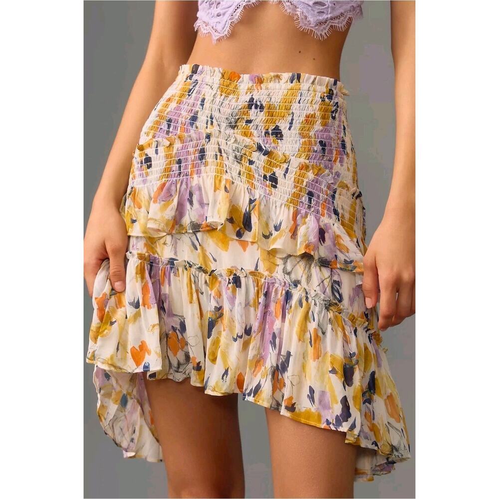 NWT Anthropologie Smocked Floral Tiered Assymetrical Mini Skirt. Size M Ret $128